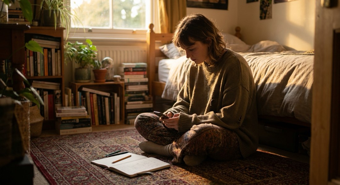a gen z adult sitting cross-legged on a bedroom floor with a phone and a sketchbook, editorial documentary photograph, warm afternoon light