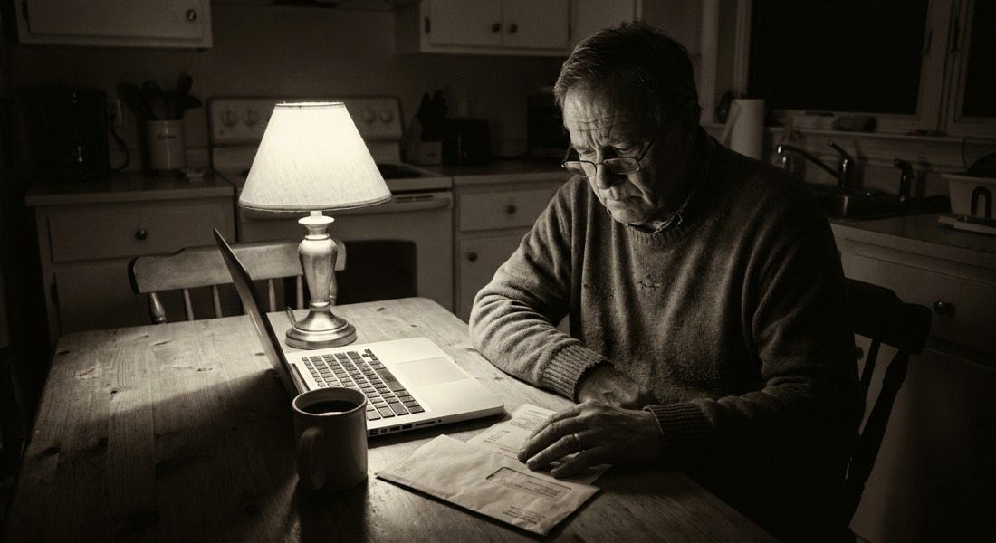 an older us adult at a kitchen table at night with a laptop, a bill, and a mug of cold coffee, warm lamplight, editorial documentary photograph